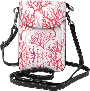 Pink Coral Pattern Small Crossbody Bags for Women Travel Cell Phone Pouch PU Leather Cross Body Bag Adjustable Shoulder Strap Phone Purses Lightweight Wallet Purse with Credit Card Slots