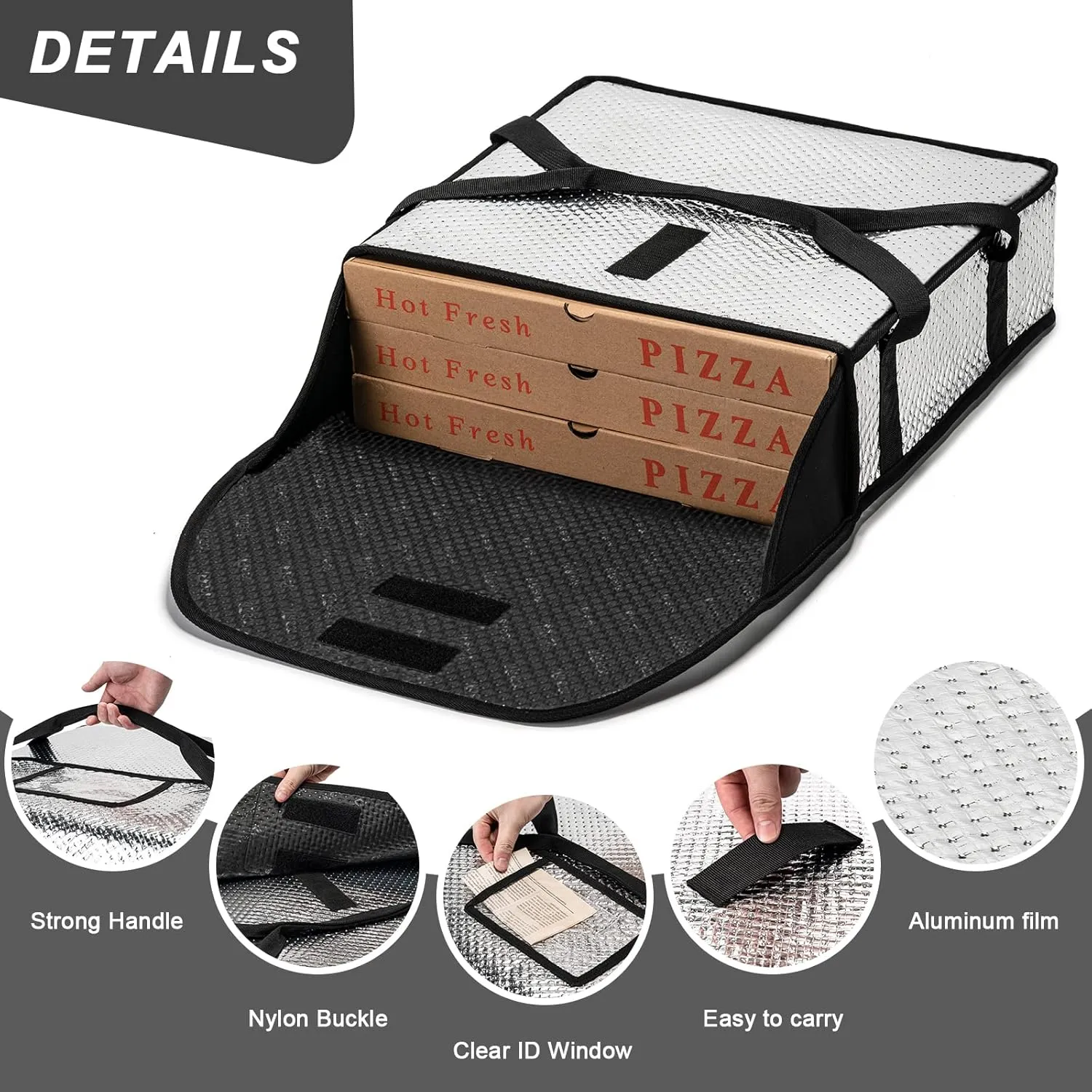 Pizza Bags for Delivery 20" X 20" X 5" - Moisture-Free, Professional Thermal Pizza Warmer, Heavy-Duty Food Carrier, Suitable for Restaurants,Picnic Uber Eats & Door Dash（ Silver）