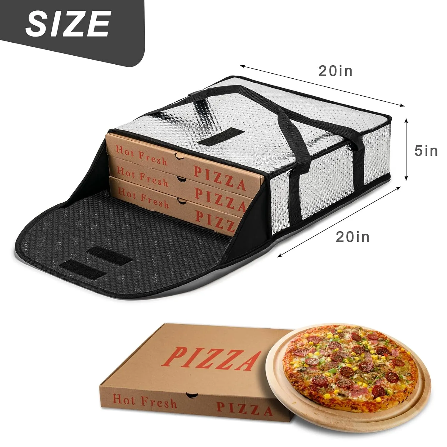 Pizza Bags for Delivery 20" X 20" X 5" - Moisture-Free, Professional Thermal Pizza Warmer, Heavy-Duty Food Carrier, Suitable for Restaurants,Picnic Uber Eats & Door Dash（ Silver）