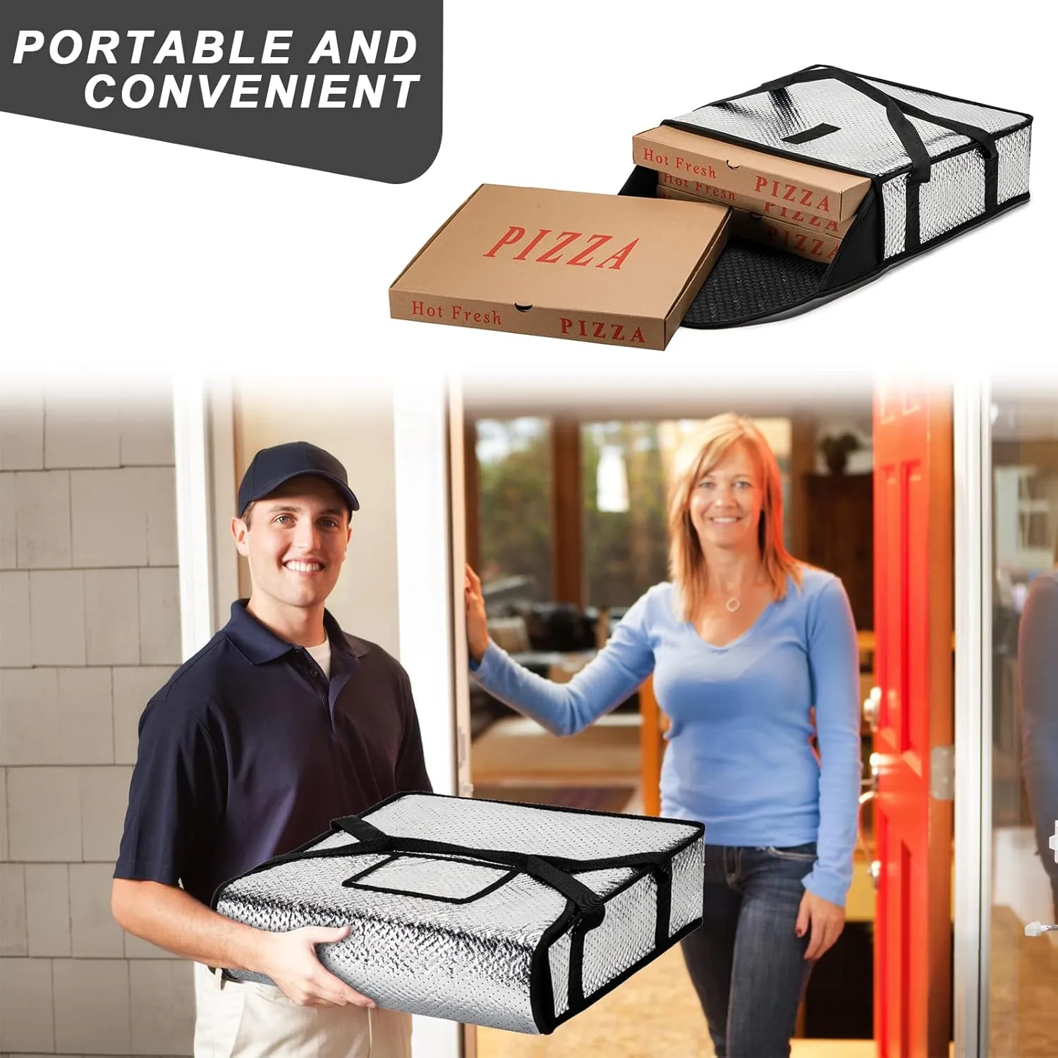 Pizza Bags for Delivery 20" X 20" X 5" - Moisture-Free, Professional Thermal Pizza Warmer, Heavy-Duty Food Carrier, Suitable for Restaurants,Picnic Uber Eats & Door Dash（ Silver）