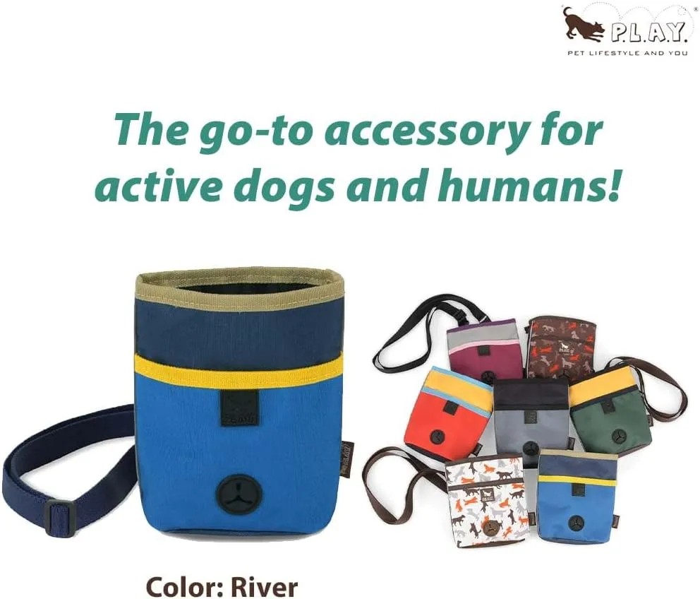 P.L.A.Y. Scout & About Deluxe Training Treat Pouch with Poop Bag Dispenser - 3 Way Wear, Detachable & Adjustable Strap, Reflective Strips, Water-Resistant Back Zipper Pocket, Squeaker (River)