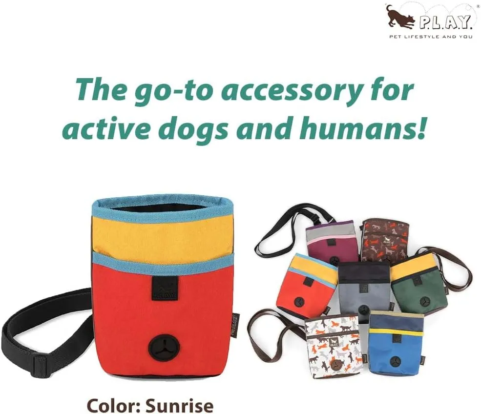 P.L.A.Y. Scout & About Deluxe Training Treat Pouch with Poop Bag Dispenser - 3 Way Wear, Detachable & Adjustable Strap, Reflective Strips, Water-Resistant Back Zipper Pocket, Squeaker (Sunrise)