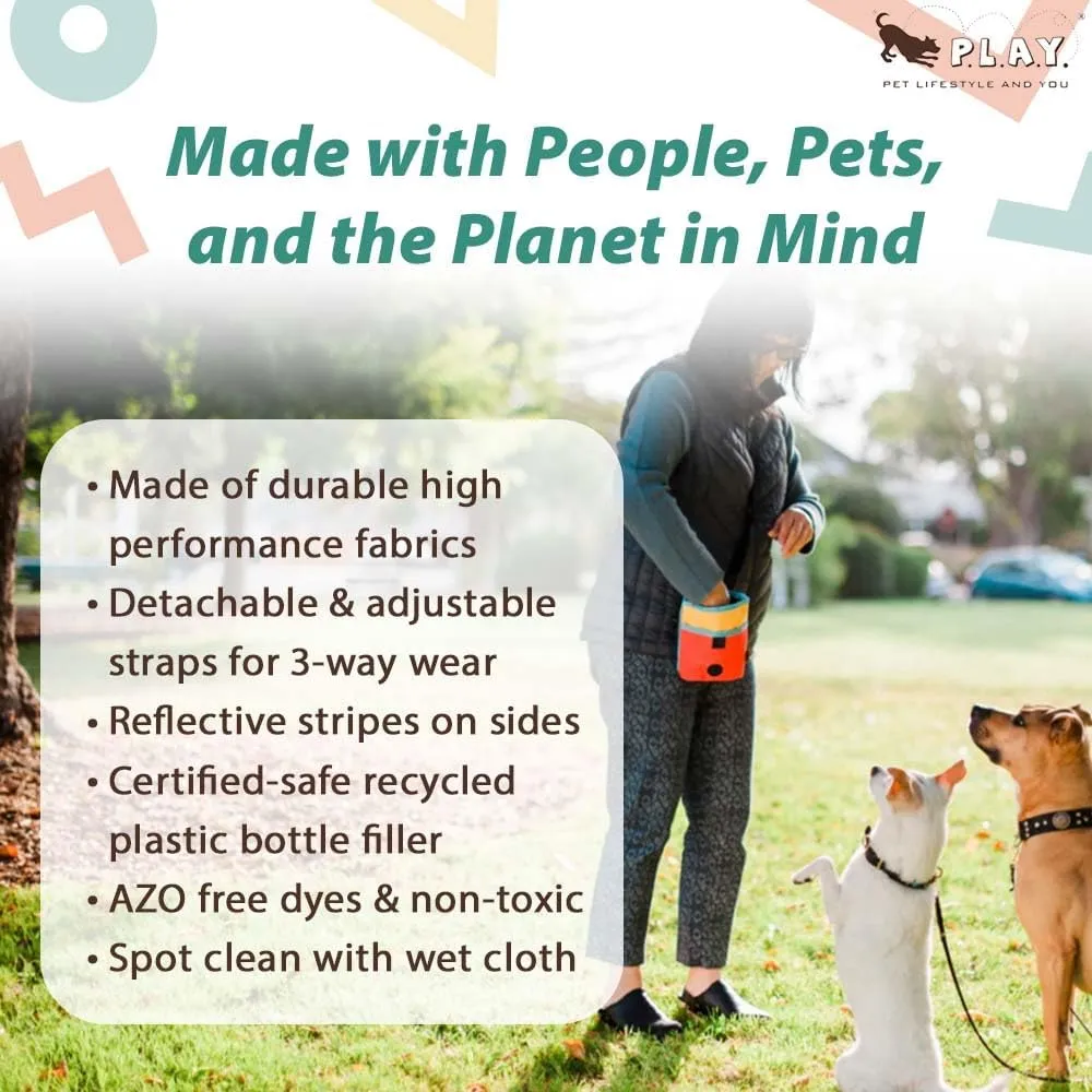 P.L.A.Y. Scout & About Deluxe Training Treat Pouch with Poop Bag Dispenser - 3 Way Wear, Detachable & Adjustable Strap, Reflective Strips, Water-Resistant Back Zipper Pocket, Squeaker (Sunrise)