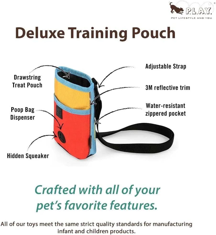 P.L.A.Y. Scout & About Deluxe Training Treat Pouch with Poop Bag Dispenser - 3 Way Wear, Detachable & Adjustable Strap, Reflective Strips, Water-Resistant Back Zipper Pocket, Squeaker (Sunrise)