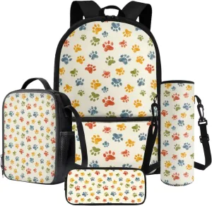Poceacles 4 PCS Backpack School Bag for Kids Girls Boys, Primary Junior Middle School Rucksack Lunch Bag Pencil Case Water Bottle Carrier for Children Students, Colourful Paw Print