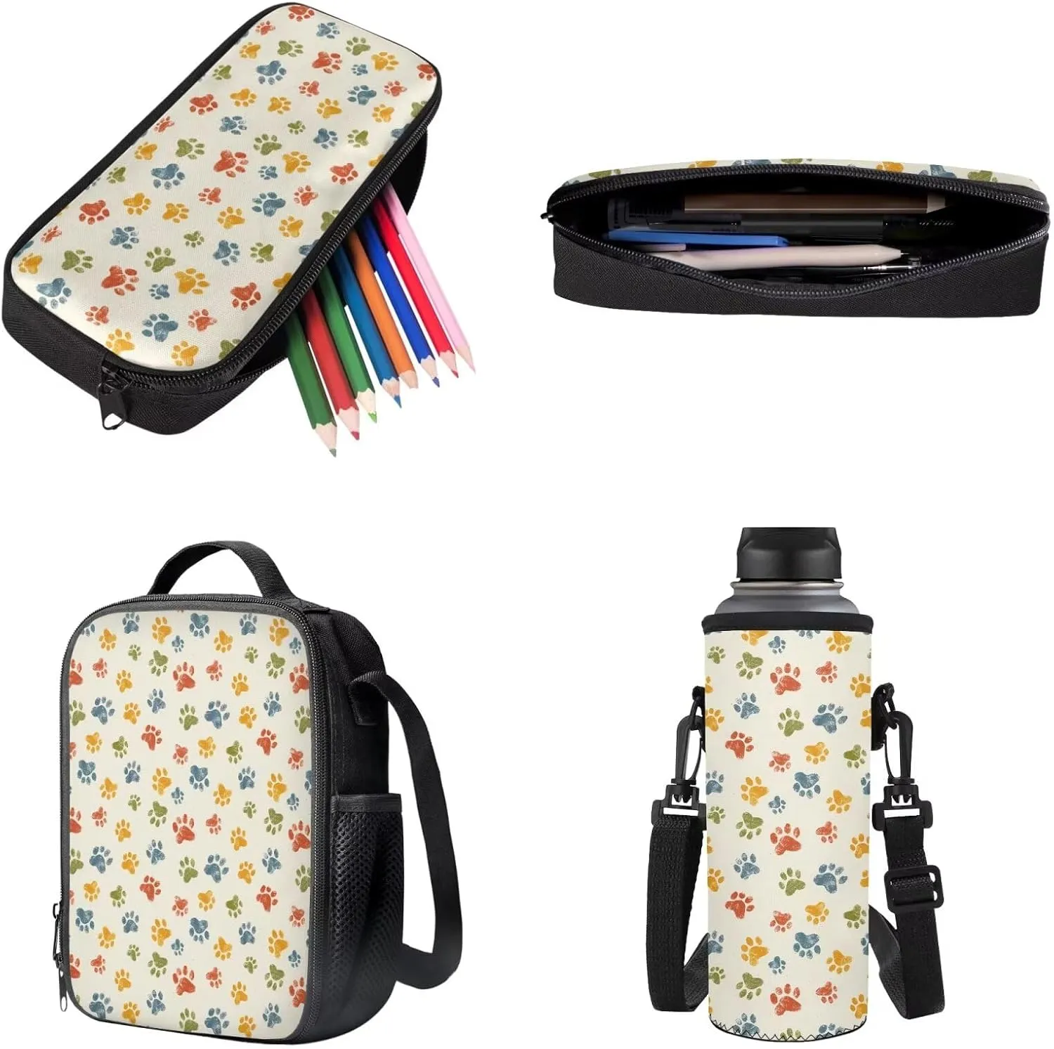Poceacles 4 PCS Backpack School Bag for Kids Girls Boys, Primary Junior Middle School Rucksack Lunch Bag Pencil Case Water Bottle Carrier for Children Students, Colourful Paw Print