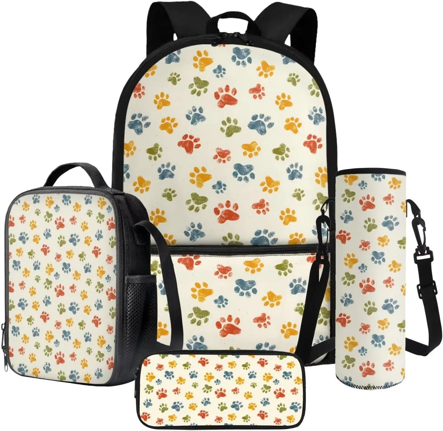 Poceacles 4 PCS Backpack School Bag for Kids Girls Boys, Primary Junior Middle School Rucksack Lunch Bag Pencil Case Water Bottle Carrier for Children Students, Colourful Paw Print
