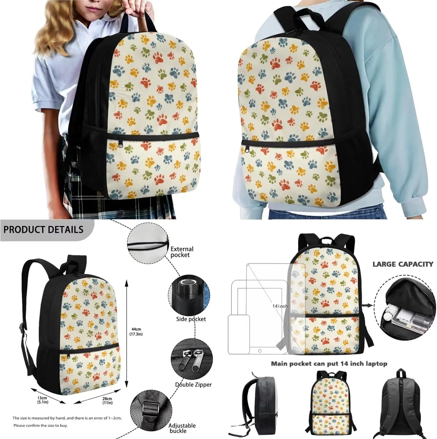 Poceacles 4 PCS Backpack School Bag for Kids Girls Boys, Primary Junior Middle School Rucksack Lunch Bag Pencil Case Water Bottle Carrier for Children Students, Colourful Paw Print