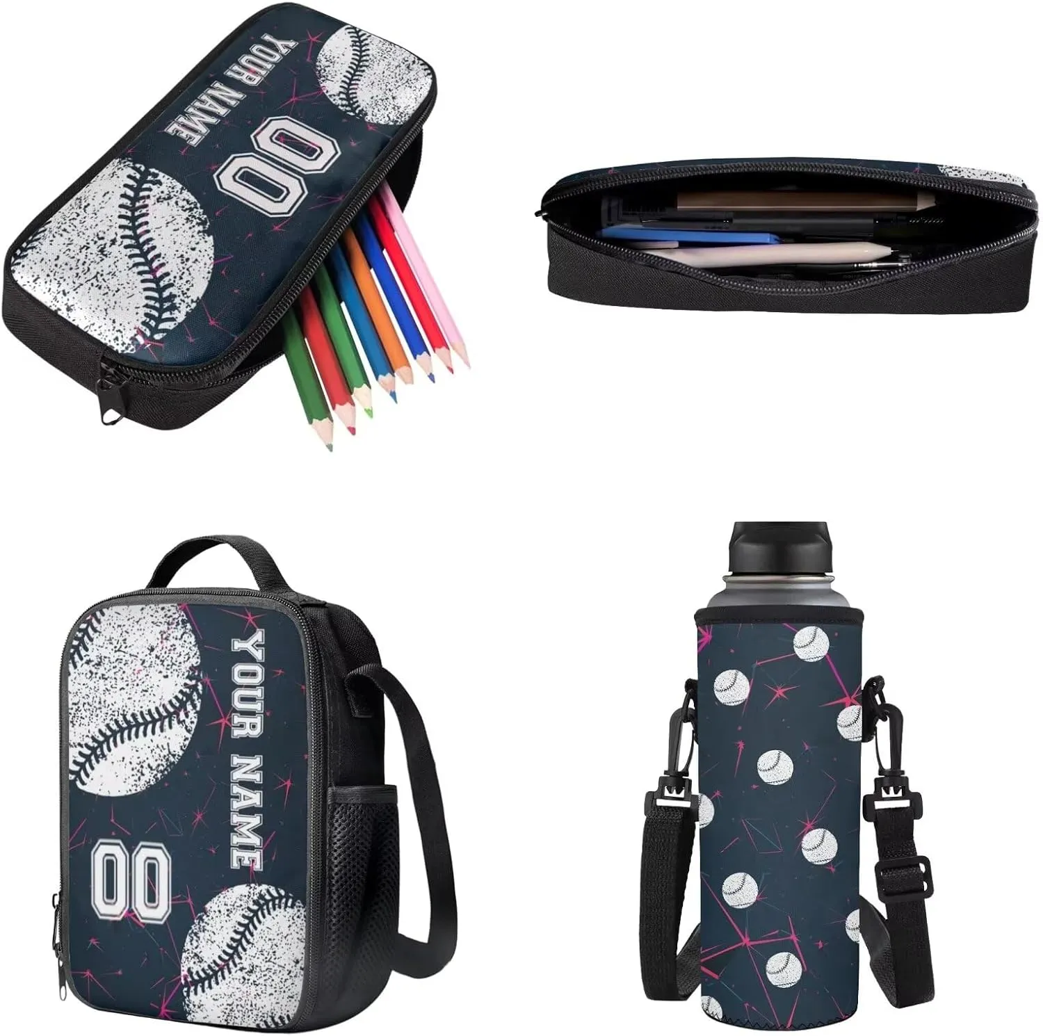 Poceacles 4 PCS Kids Backpack and Lunch Bag Set for Boys Girls Classroom Supplies Personalized Lunchbag Pencil Pouch Water Bottle Sleeve Customized Rucksack, Abstract Geometric Baseball
