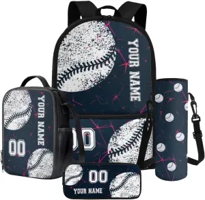 Poceacles 4 PCS Kids Backpack and Lunch Bag Set for Boys Girls Classroom Supplies Personalized Lunchbag Pencil Pouch Water Bottle Sleeve Customized Rucksack, Abstract Geometric Baseball