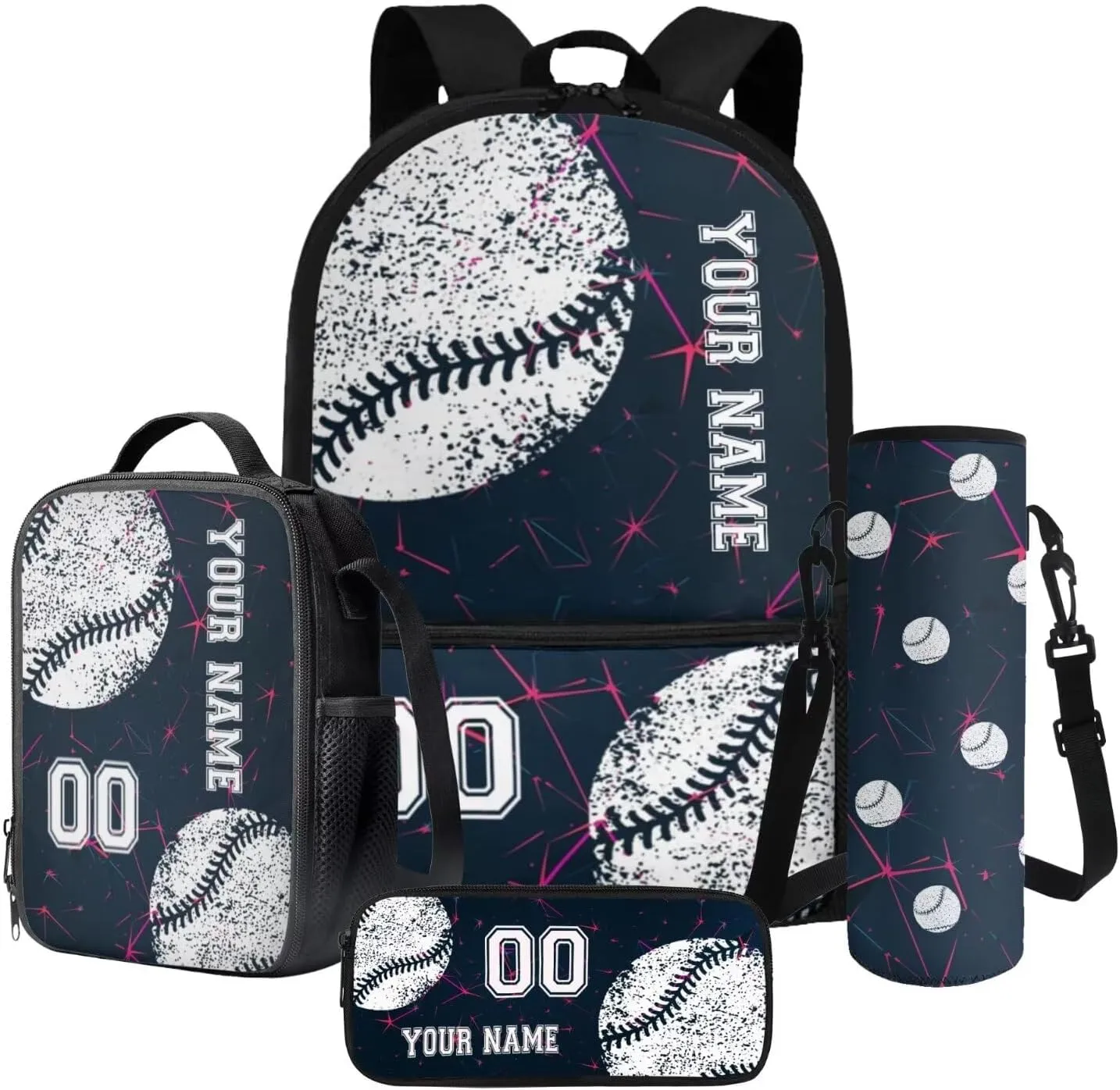Poceacles 4 PCS Kids Backpack and Lunch Bag Set for Boys Girls Classroom Supplies Personalized Lunchbag Pencil Pouch Water Bottle Sleeve Customized Rucksack, Abstract Geometric Baseball