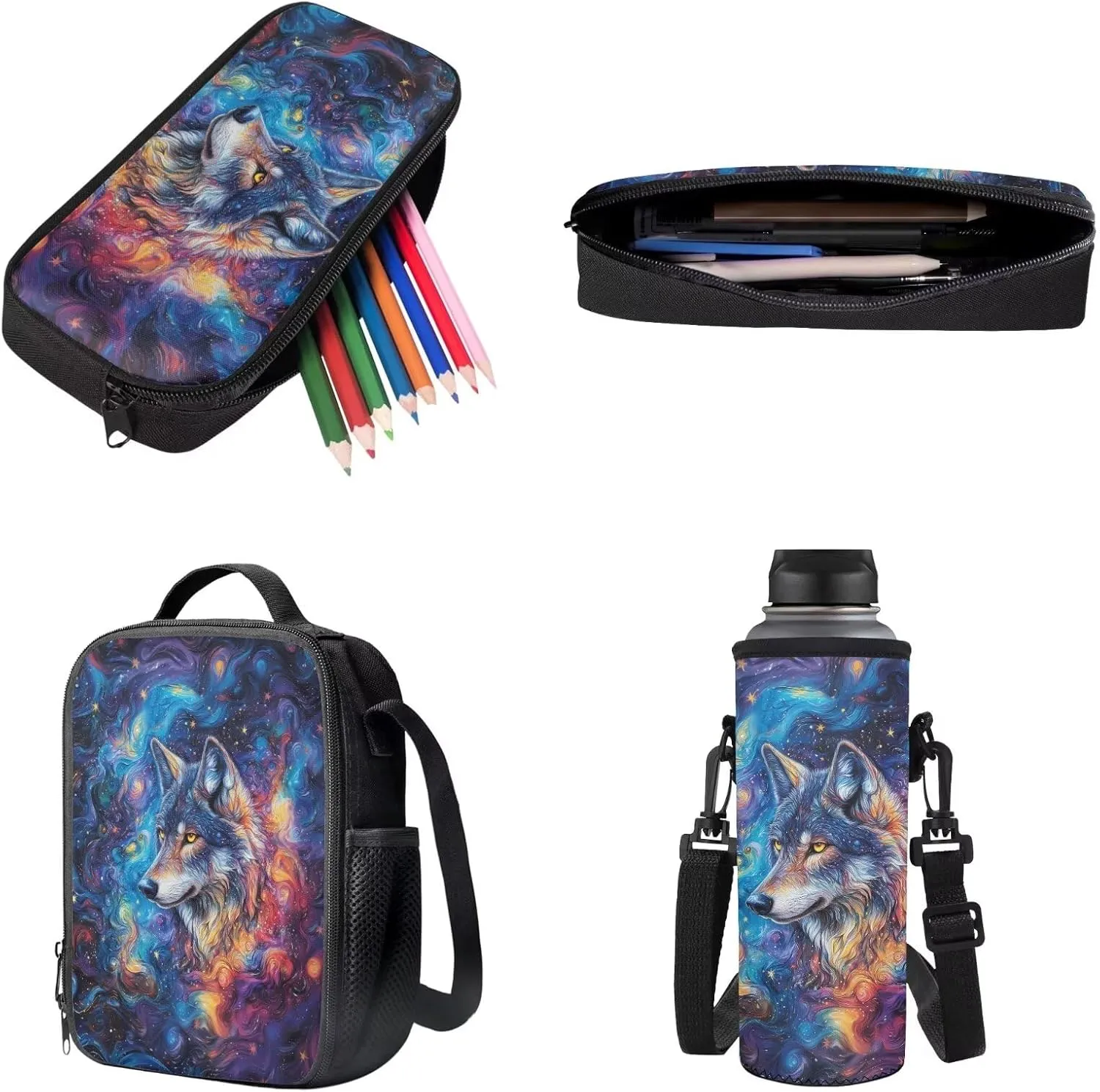 Poceacles 4 PCS Kids Backpack Set for School, Includes Schoolbag Insulated Lunch Bag Pencil Case Bottle Holder, Elementary Primary Junior Middle School Bags Bookbag, Abstract Galaxy Wolf