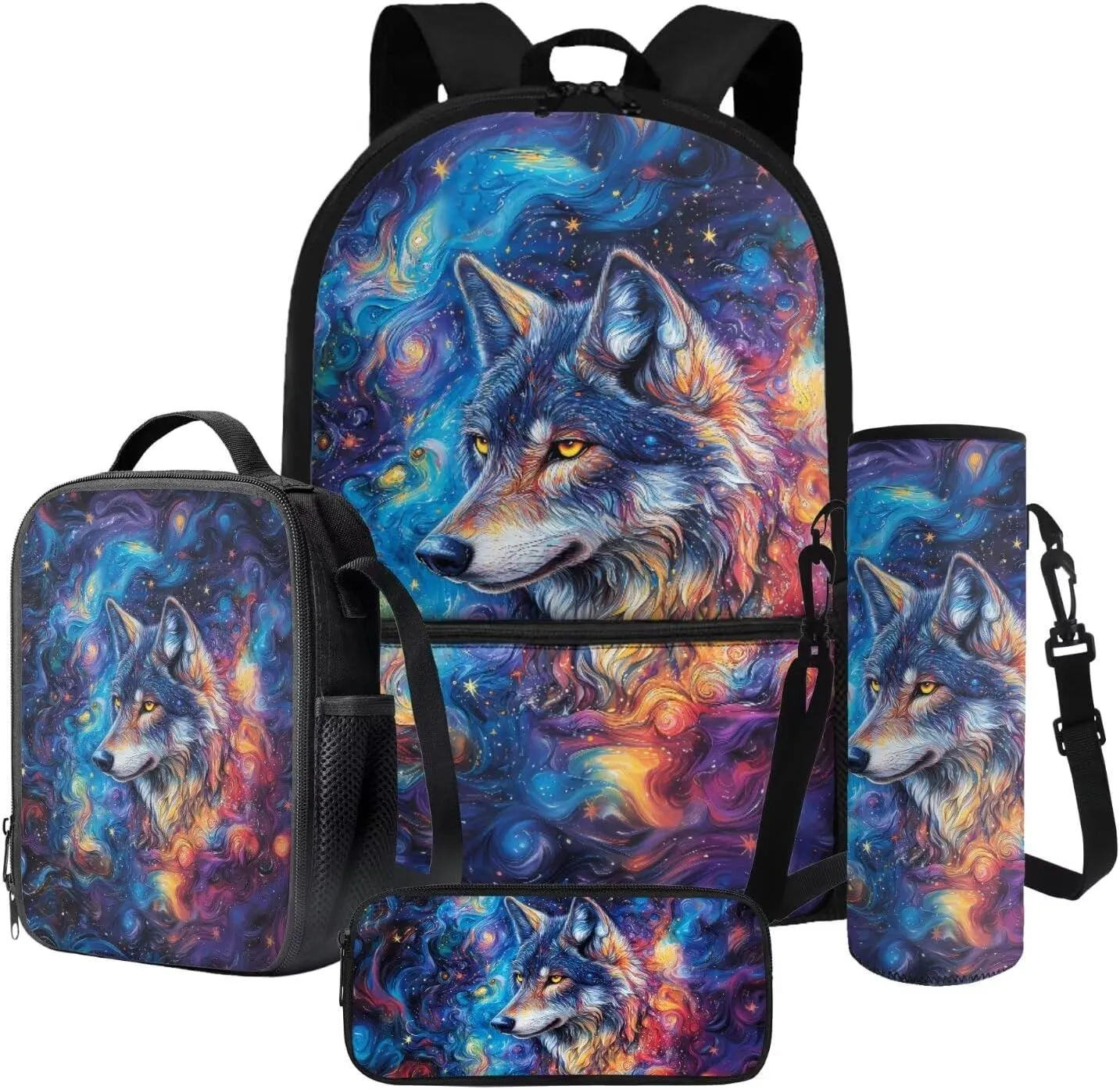 Poceacles 4 PCS Kids Backpack Set for School, Includes Schoolbag Insulated Lunch Bag Pencil Case Bottle Holder, Elementary Primary Junior Middle School Bags Bookbag, Abstract Galaxy Wolf
