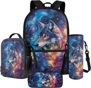 Poceacles 4 PCS Kids Backpack Set for School, Includes Schoolbag Insulated Lunch Bag Pencil Case Bottle Holder, Elementary Primary Junior Middle School Bags Bookbag, Abstract Galaxy Wolf