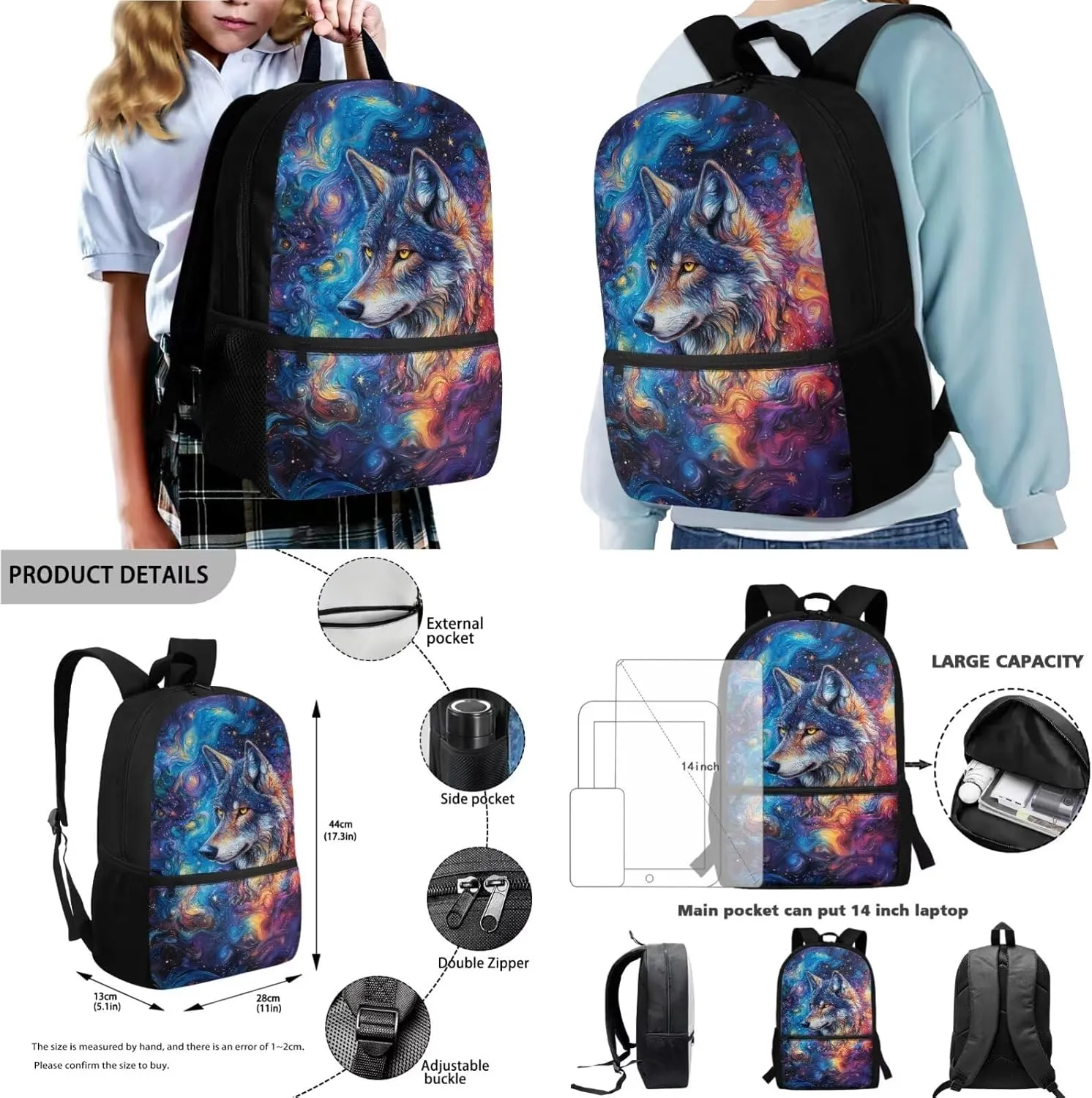 Poceacles 4 PCS Kids Backpack Set for School, Includes Schoolbag Insulated Lunch Bag Pencil Case Bottle Holder, Elementary Primary Junior Middle School Bags Bookbag, Abstract Galaxy Wolf