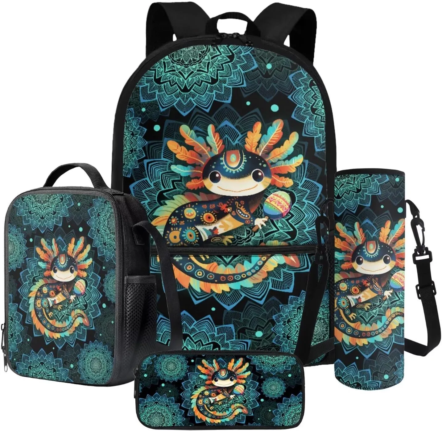Poceacles 4 PCS Kids Backpack Set with Matching Lunch Bag Pencil Case Water Bottle Carrier, Large Capacity School Bag Practical Stylish Rucksack School Supplies Essentials, Axolotl Boho Flower Teal