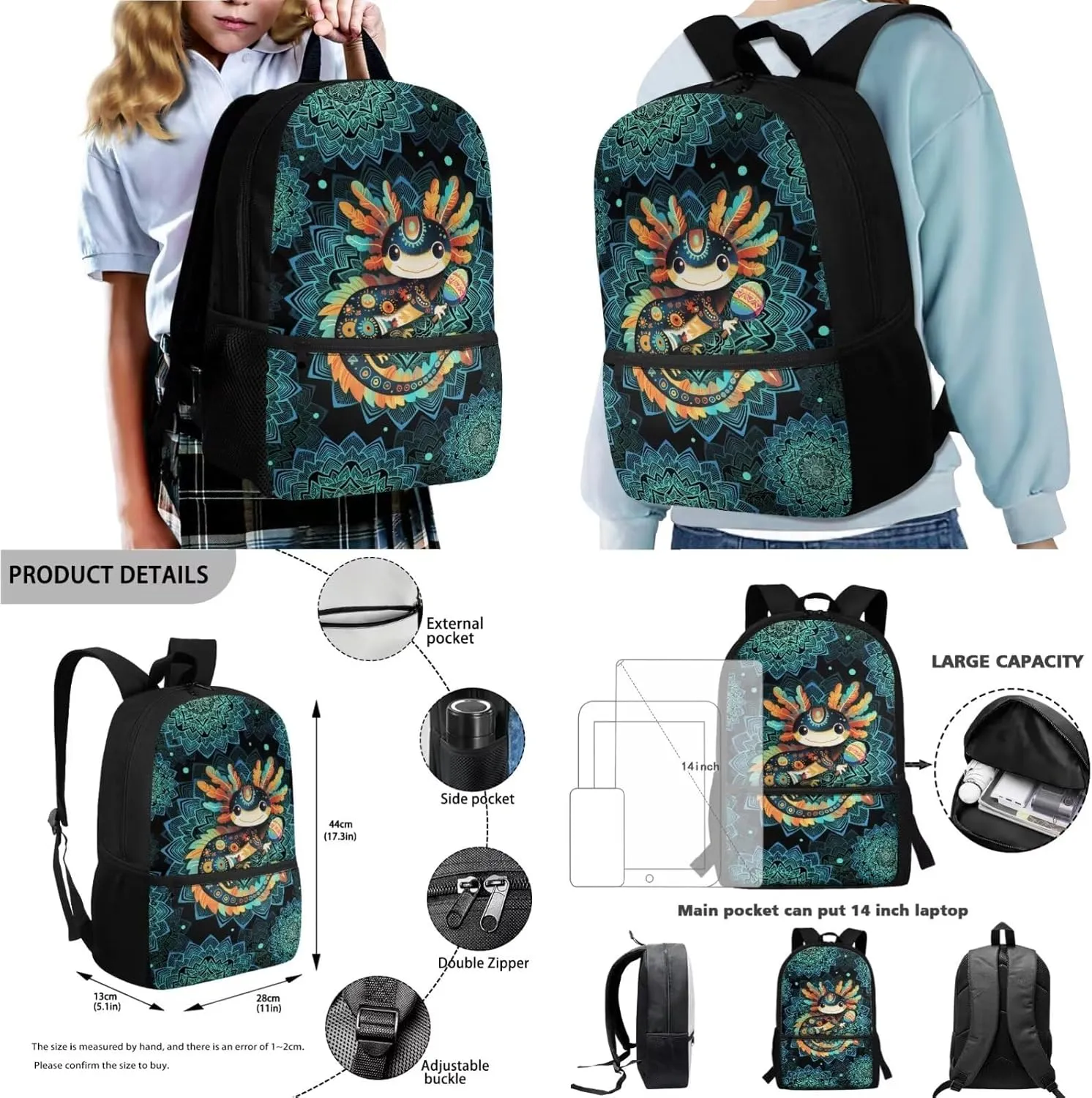 Poceacles 4 PCS Kids Backpack Set with Matching Lunch Bag Pencil Case Water Bottle Carrier, Large Capacity School Bag Practical Stylish Rucksack School Supplies Essentials, Axolotl Boho Flower Teal