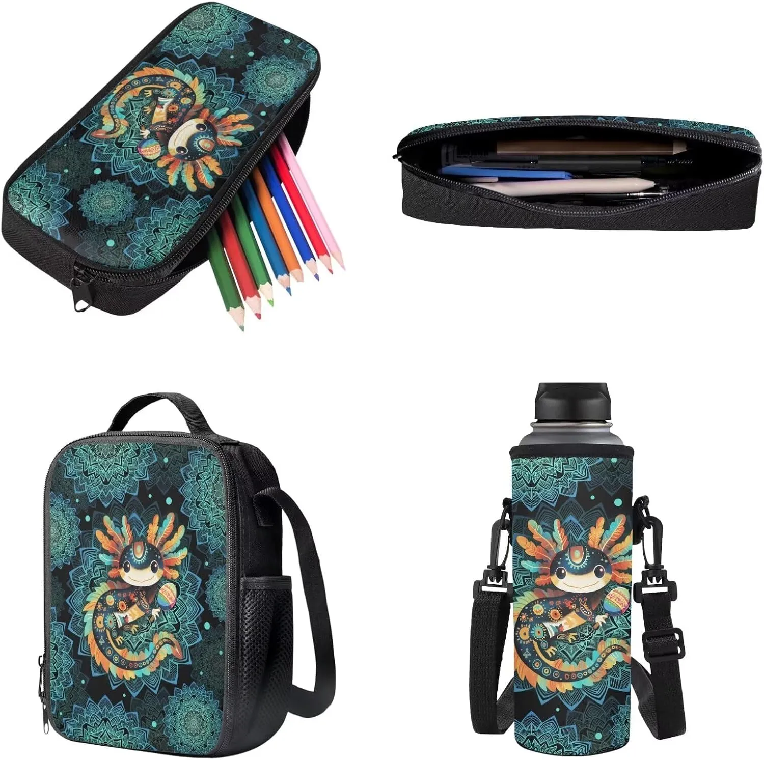 Poceacles 4 PCS Kids Backpack Set with Matching Lunch Bag Pencil Case Water Bottle Carrier, Large Capacity School Bag Practical Stylish Rucksack School Supplies Essentials, Axolotl Boho Flower Teal