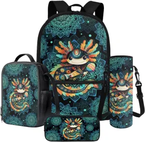 Poceacles 4 PCS Kids Backpack Set with Matching Lunch Bag Pencil Case Water Bottle Carrier, Large Capacity School Bag Practical Stylish Rucksack School Supplies Essentials, Axolotl Boho Flower Teal