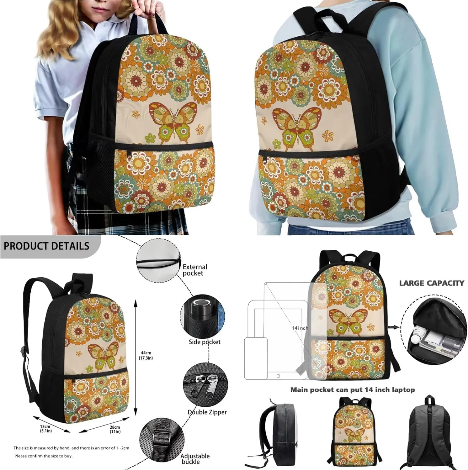 Poceacles 4 Piece School Bag Set, Rucksack with Sturdy Zipper, Portable Insulated Lunch Bag, Pencil Case, Water Bottle Pouch, Stationery Organizer School Supplies, Bohemia Butterfly Flower