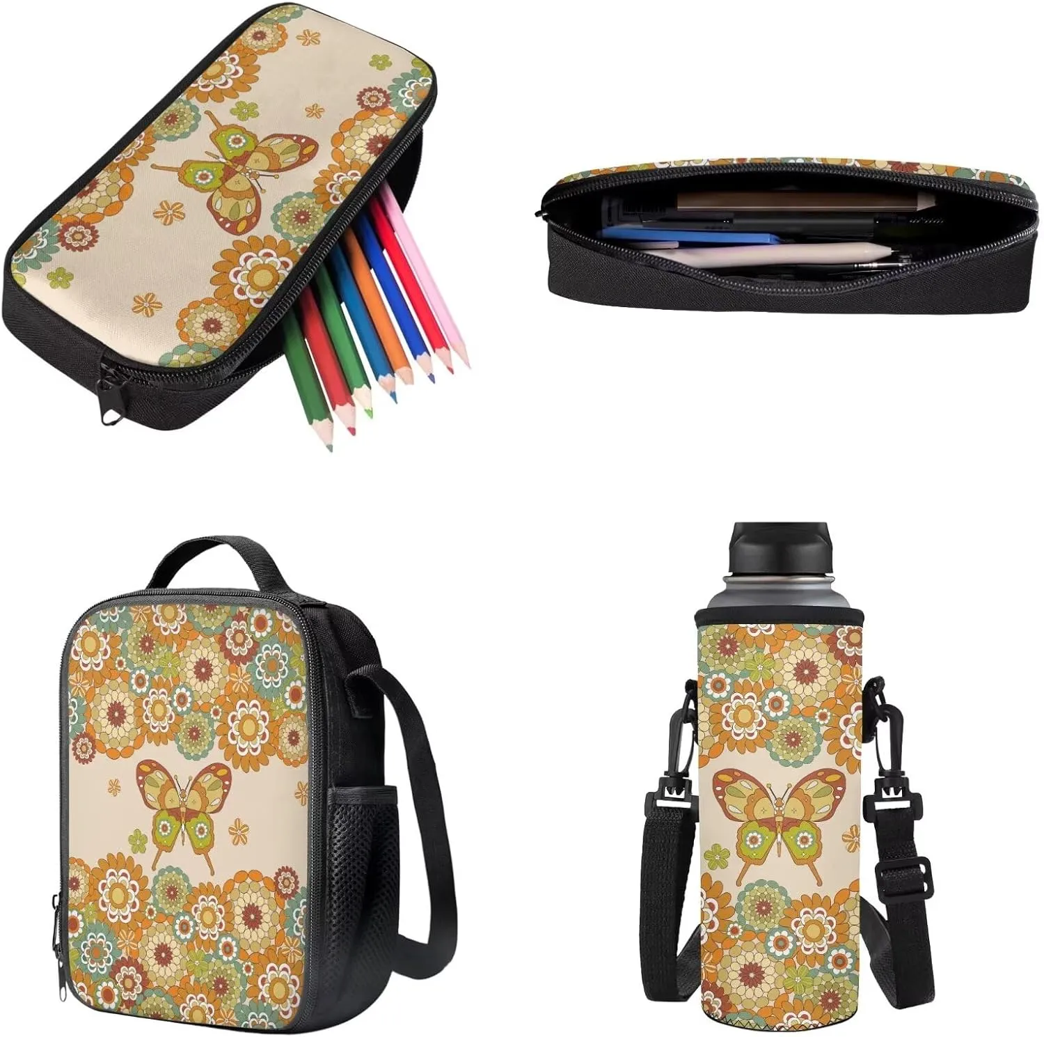 Poceacles 4 Piece School Bag Set, Rucksack with Sturdy Zipper, Portable Insulated Lunch Bag, Pencil Case, Water Bottle Pouch, Stationery Organizer School Supplies, Bohemia Butterfly Flower