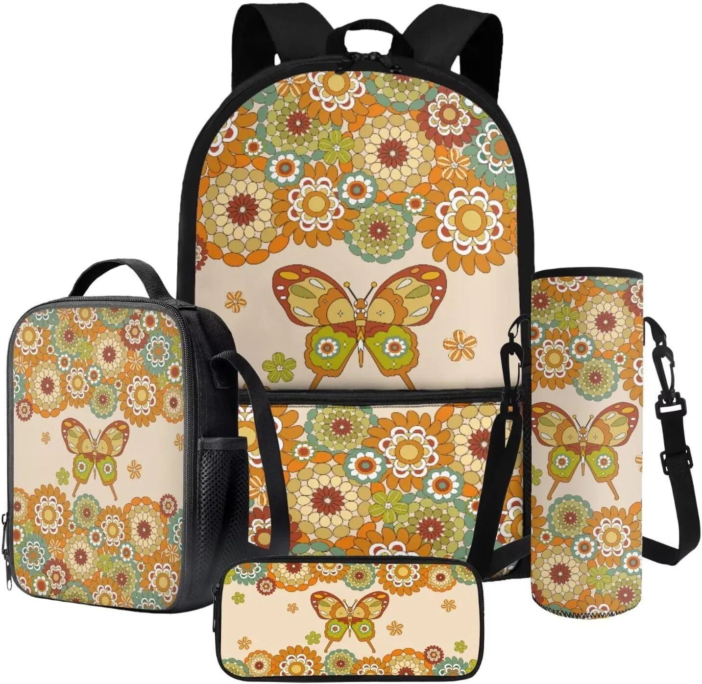 Poceacles 4 Piece School Bag Set, Rucksack with Sturdy Zipper, Portable Insulated Lunch Bag, Pencil Case, Water Bottle Pouch, Stationery Organizer School Supplies, Bohemia Butterfly Flower