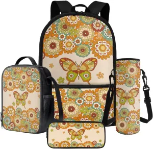 Poceacles 4 Piece School Bag Set, Rucksack with Sturdy Zipper, Portable Insulated Lunch Bag, Pencil Case, Water Bottle Pouch, Stationery Organizer School Supplies, Bohemia Butterfly Flower