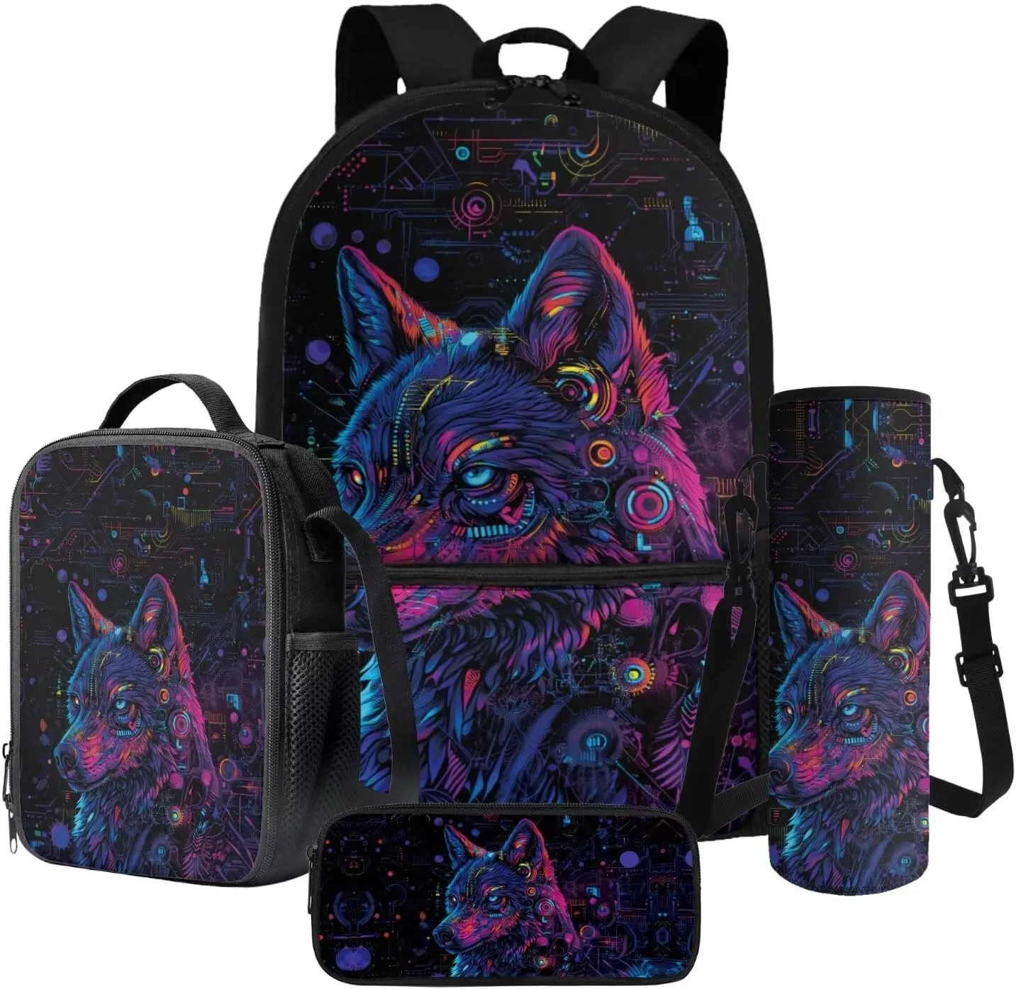 Poceacles 4 Piece School Bag Set, Rucksack with Sturdy Zipper, Portable Insulated Lunch Bag, Stationery Organizer Stylish Backpack Set for School Travel Picnic, Mechanical Wolf Cyberpunk