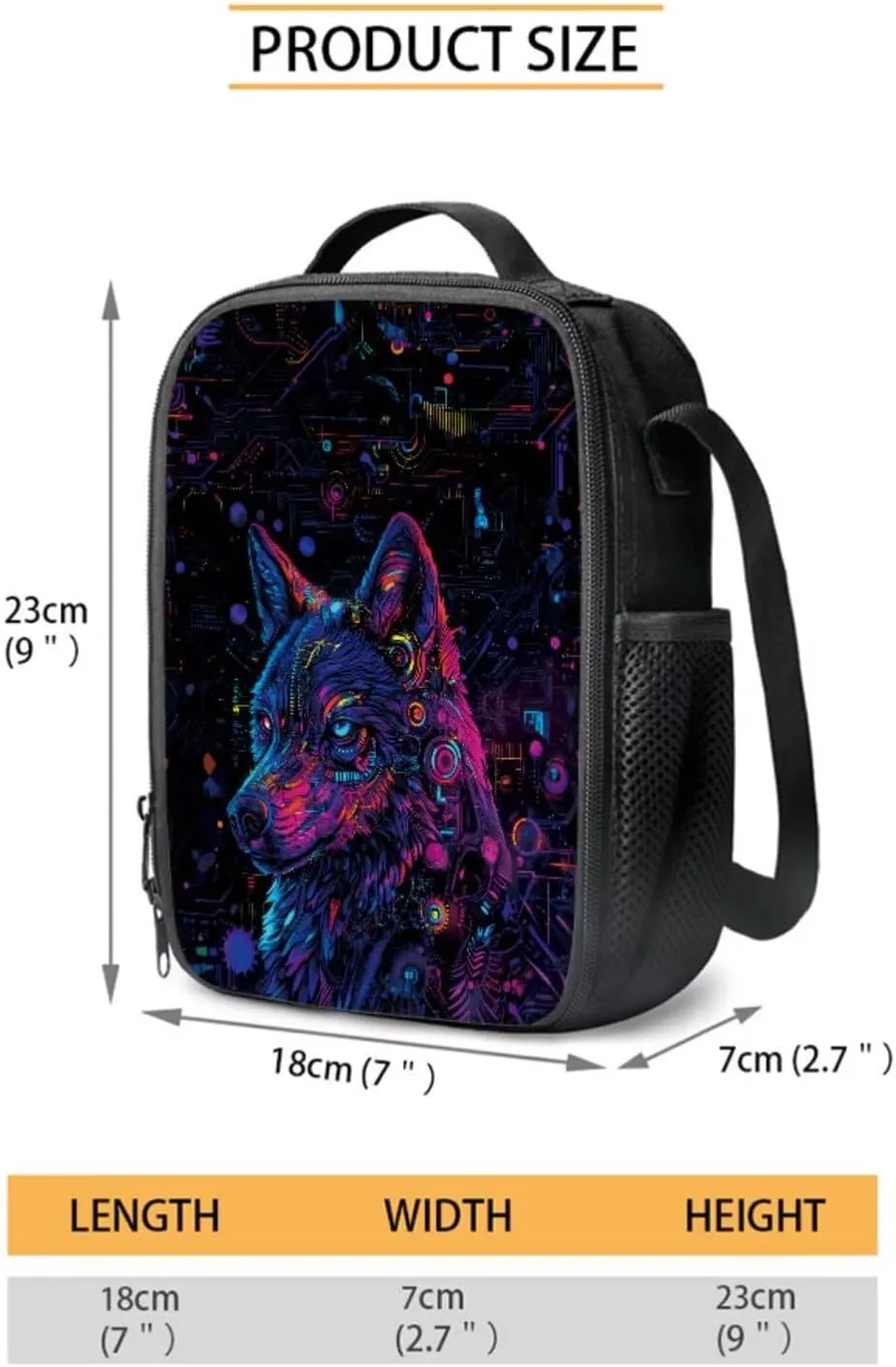 Poceacles 4 Piece School Bag Set, Rucksack with Sturdy Zipper, Portable Insulated Lunch Bag, Stationery Organizer Stylish Backpack Set for School Travel Picnic, Mechanical Wolf Cyberpunk