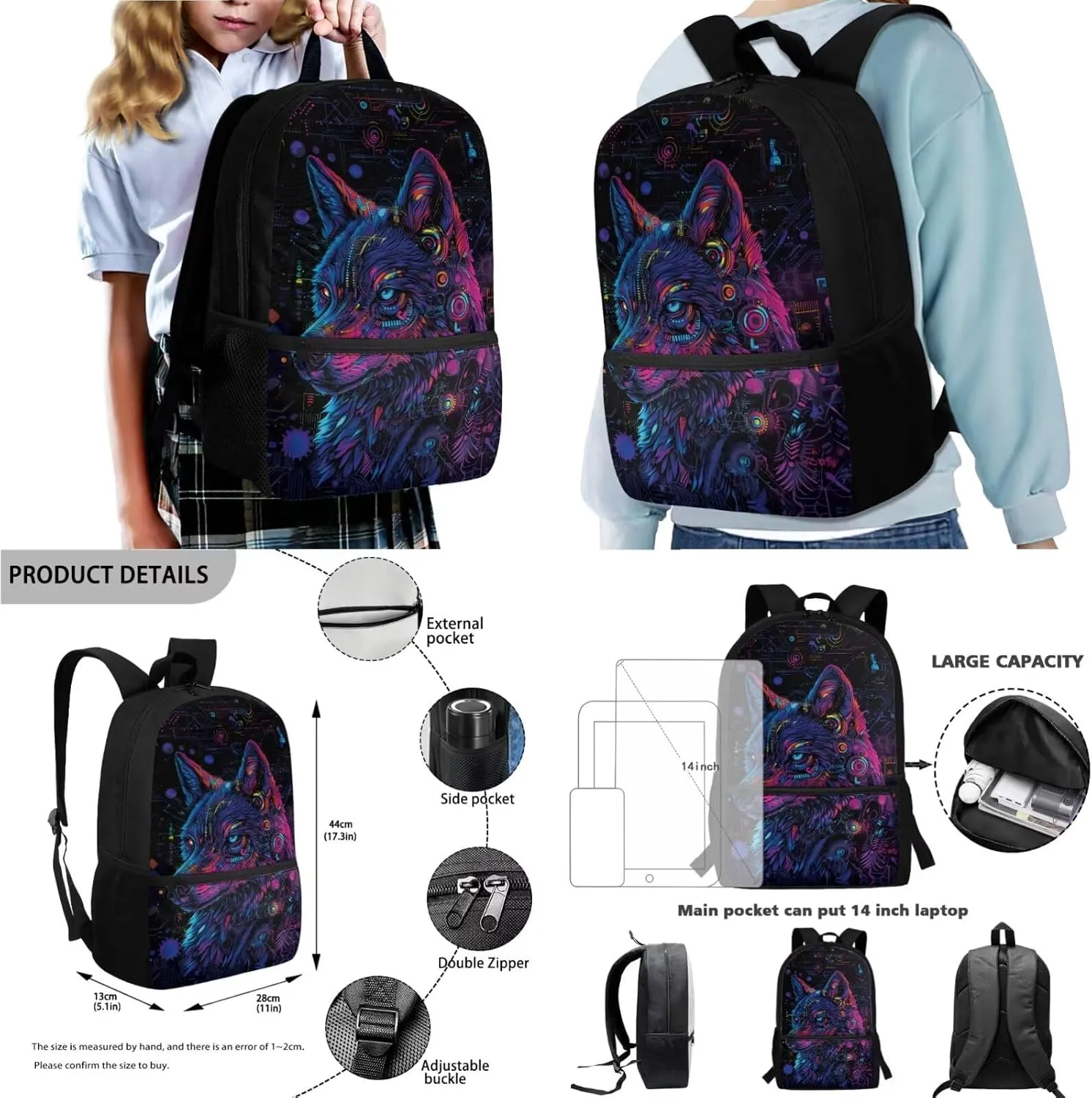 Poceacles 4 Piece School Bag Set, Rucksack with Sturdy Zipper, Portable Insulated Lunch Bag, Stationery Organizer Stylish Backpack Set for School Travel Picnic, Mechanical Wolf Cyberpunk