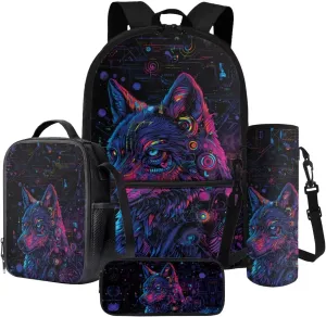 Poceacles 4 Piece School Bag Set, Rucksack with Sturdy Zipper, Portable Insulated Lunch Bag, Stationery Organizer Stylish Backpack Set for School Travel Picnic, Mechanical Wolf Cyberpunk