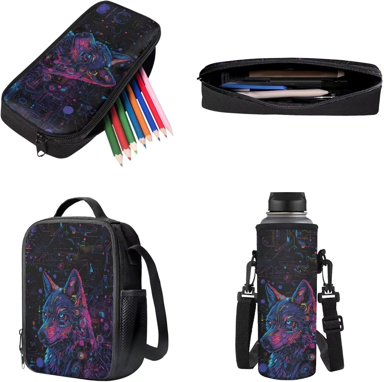 Poceacles 4 Piece School Bag Set, Rucksack with Sturdy Zipper, Portable Insulated Lunch Bag, Stationery Organizer Stylish Backpack Set for School Travel Picnic, Mechanical Wolf Cyberpunk