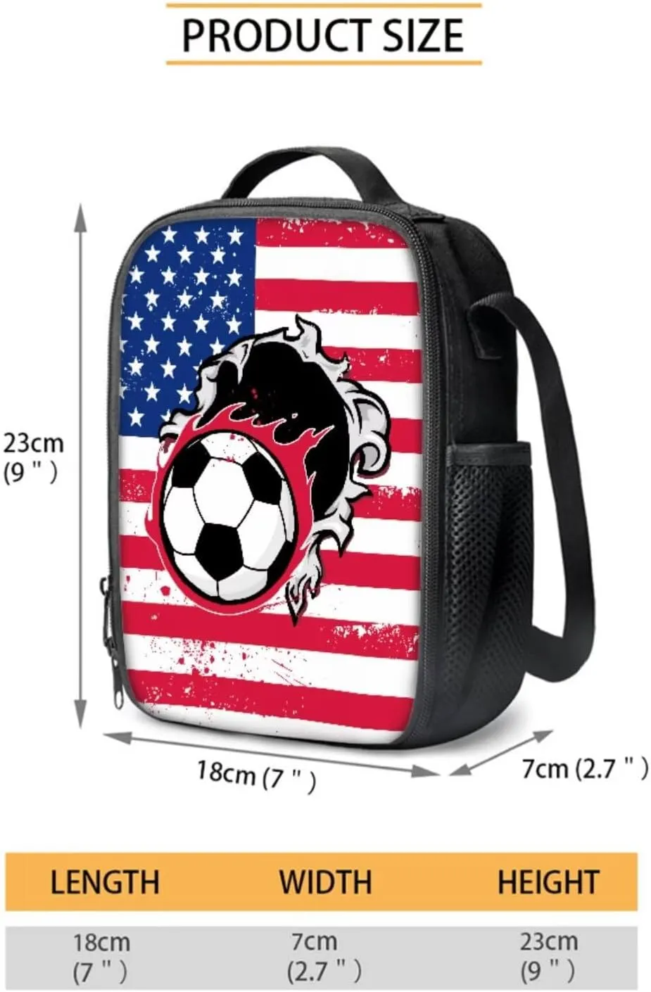 Poceacles 4 Piece School Bag Set, Rucksack with Sturdy Zipper, Portable Insulated Lunch Bag, Stationery Organizer Stylish Backpack Set for School Travel Picnic, Soccer American Flag Football