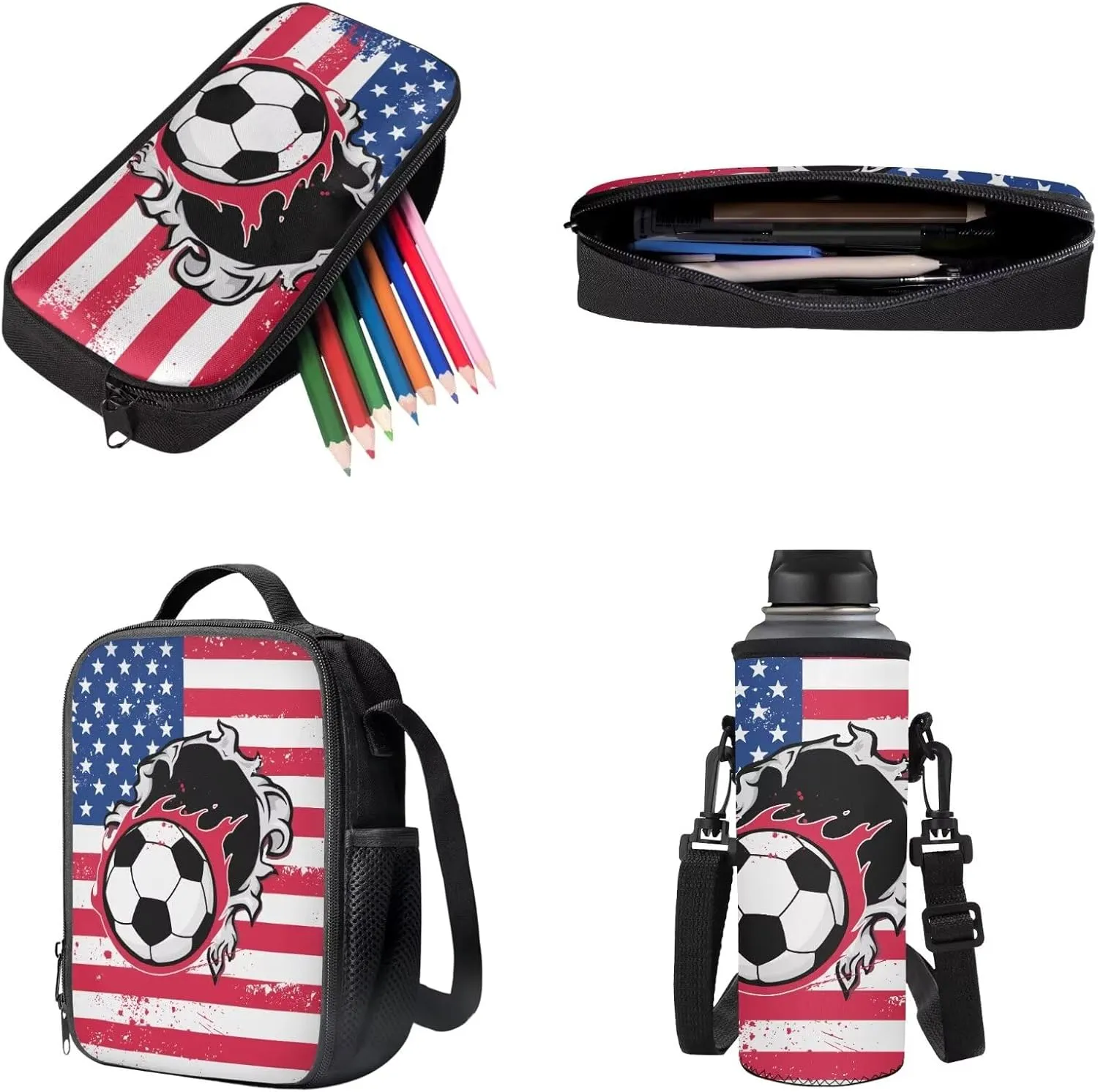 Poceacles 4 Piece School Bag Set, Rucksack with Sturdy Zipper, Portable Insulated Lunch Bag, Stationery Organizer Stylish Backpack Set for School Travel Picnic, Soccer American Flag Football