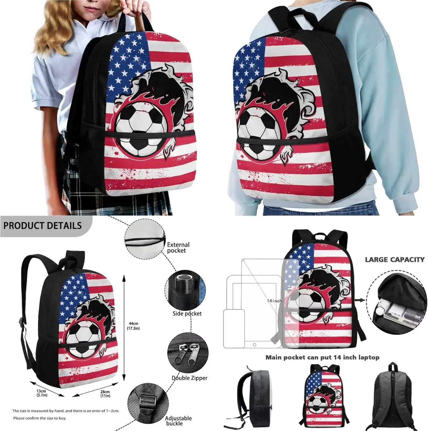 Poceacles 4 Piece School Bag Set, Rucksack with Sturdy Zipper, Portable Insulated Lunch Bag, Stationery Organizer Stylish Backpack Set for School Travel Picnic, Soccer American Flag Football