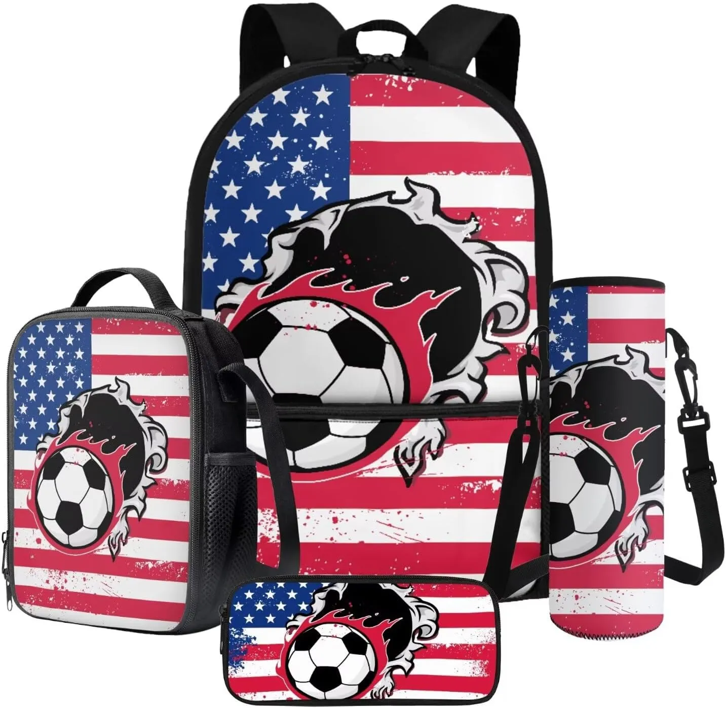 Poceacles 4 Piece School Bag Set, Rucksack with Sturdy Zipper, Portable Insulated Lunch Bag, Stationery Organizer Stylish Backpack Set for School Travel Picnic, Soccer American Flag Football