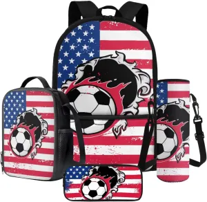 Poceacles 4 Piece School Bag Set, Rucksack with Sturdy Zipper, Portable Insulated Lunch Bag, Stationery Organizer Stylish Backpack Set for School Travel Picnic, Soccer American Flag Football