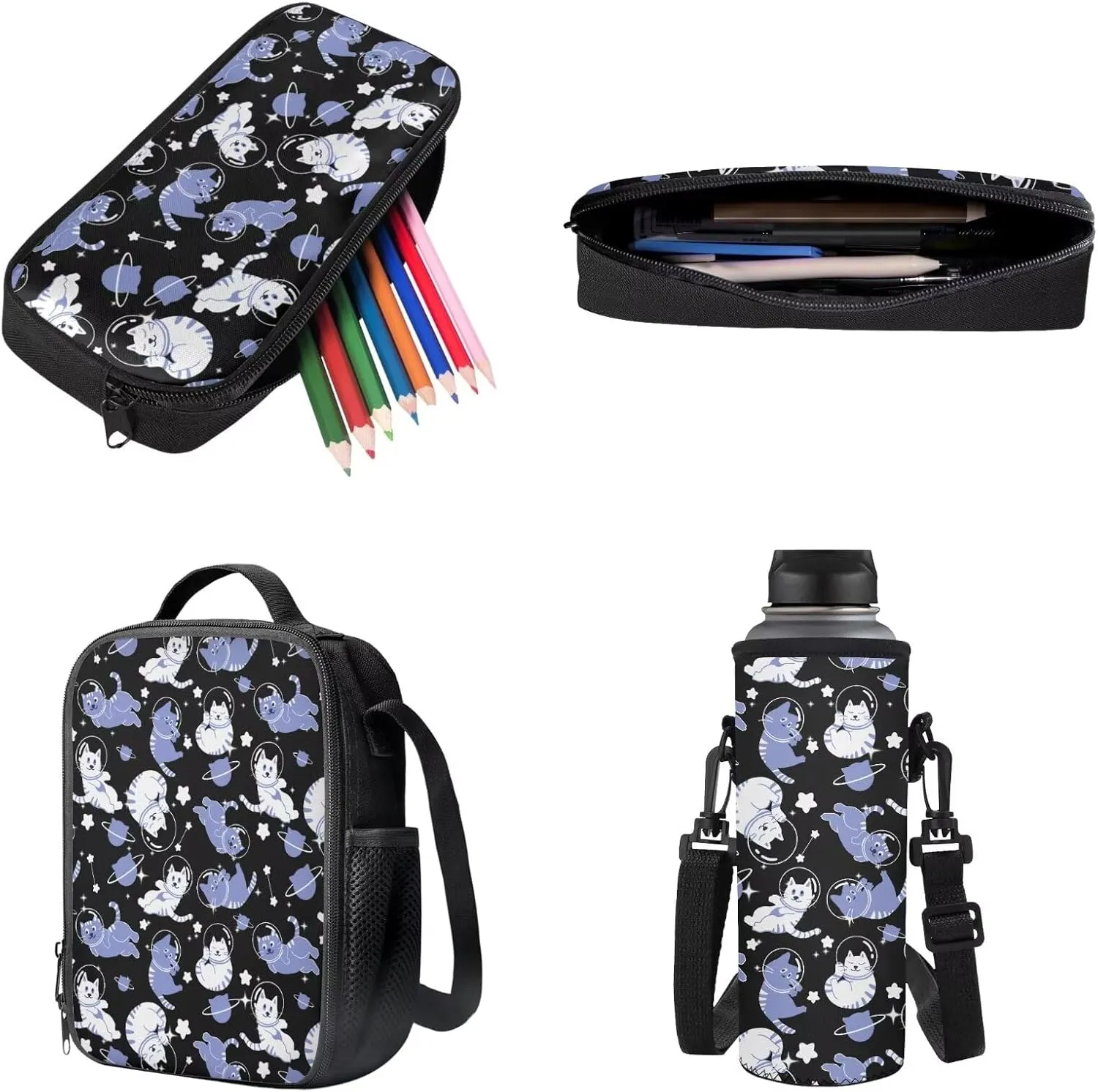 Poceacles 4 Pieces School Backpack Set for Kids Children Teens, Includes Insulated Lunch Bag, Pencil Case, Water Bottle Carrier, Lightweight Rucksack for Girls Boys, Astronaut Cat Planet Star Blue