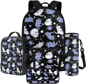 Poceacles 4 Pieces School Backpack Set for Kids Children Teens, Includes Insulated Lunch Bag, Pencil Case, Water Bottle Carrier, Lightweight Rucksack for Girls Boys, Astronaut Cat Planet Star Blue