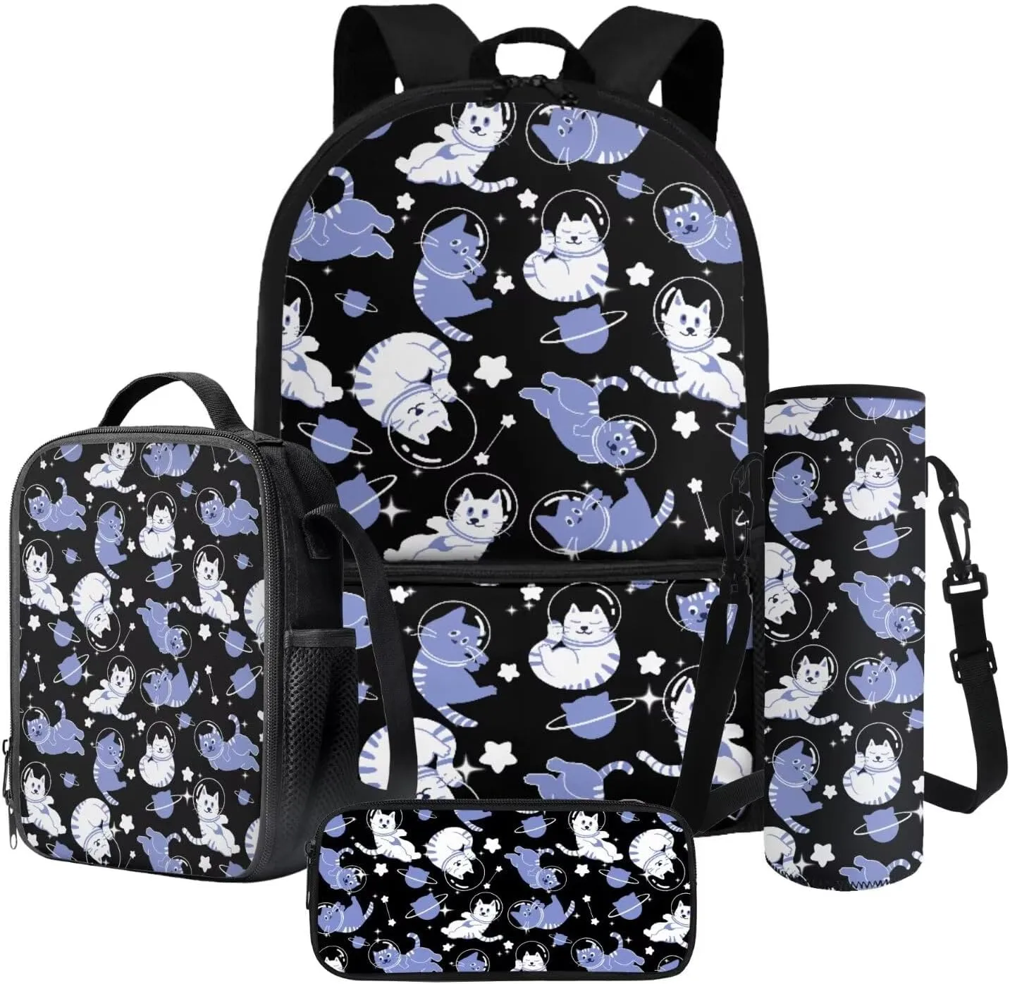 Poceacles 4 Pieces School Backpack Set for Kids Children Teens, Includes Insulated Lunch Bag, Pencil Case, Water Bottle Carrier, Lightweight Rucksack for Girls Boys, Astronaut Cat Planet Star Blue