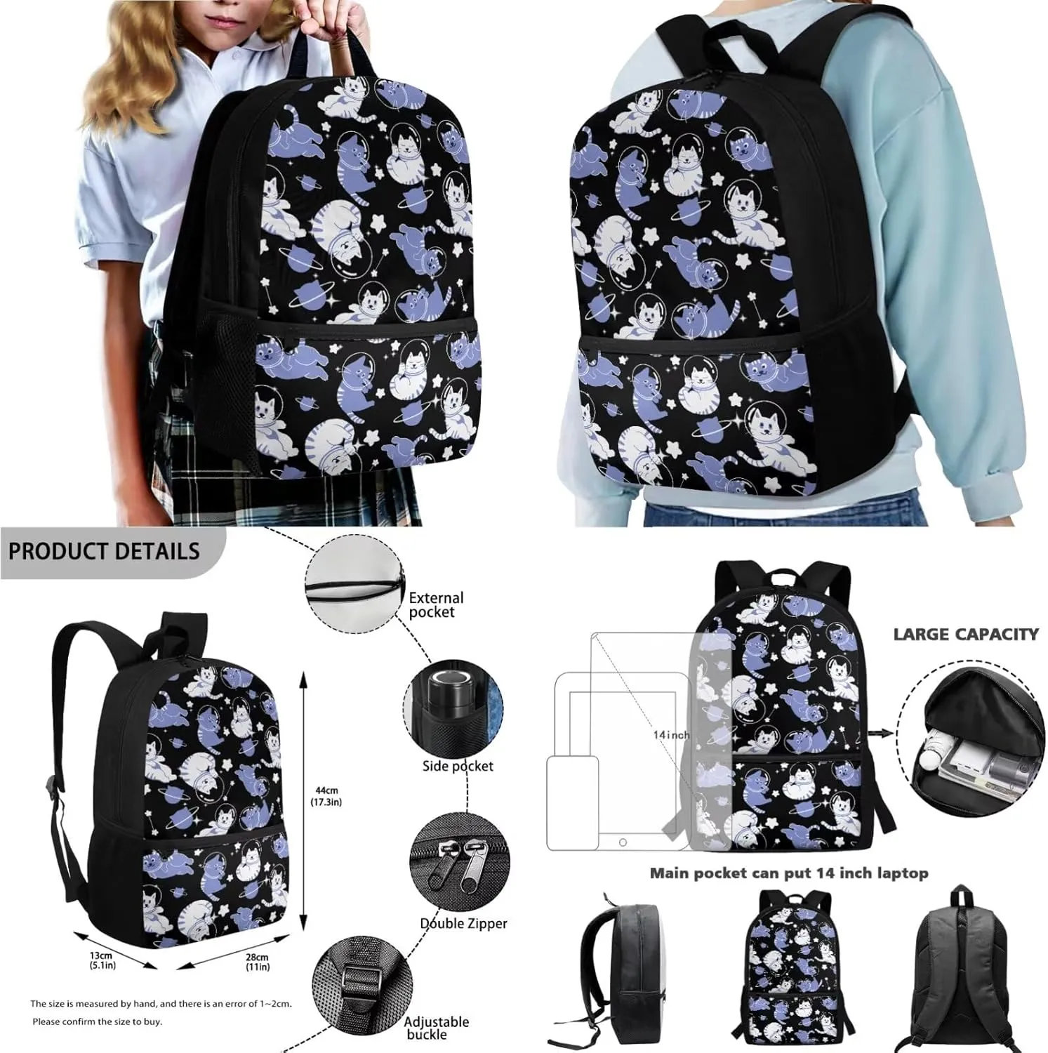 Poceacles 4 Pieces School Backpack Set for Kids Children Teens, Includes Insulated Lunch Bag, Pencil Case, Water Bottle Carrier, Lightweight Rucksack for Girls Boys, Astronaut Cat Planet Star Blue