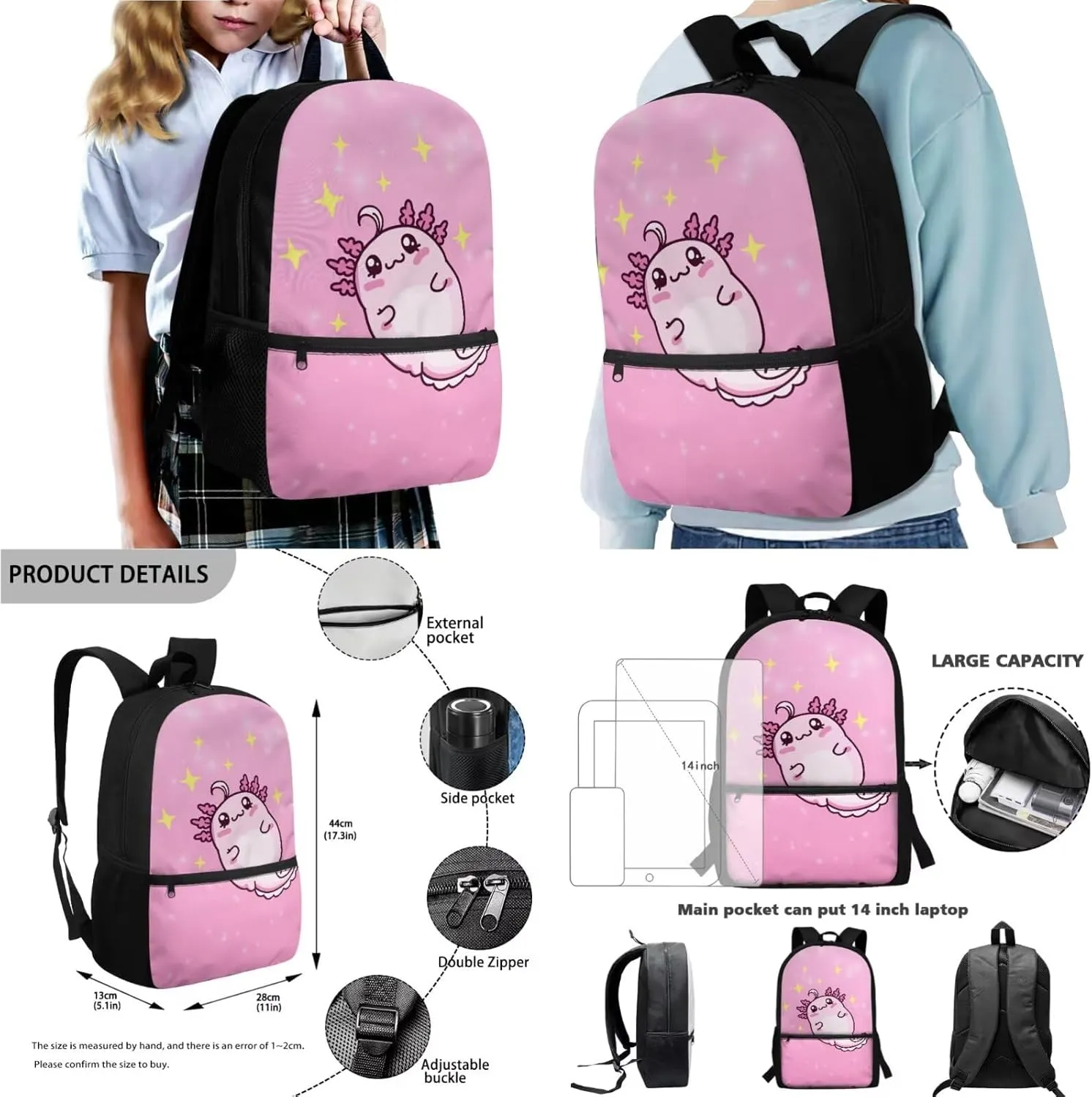 Poceacles 4 Pieces School Backpack Set for Kids Children, with Insulated Lunch Bag Cute Pencil Case Water Bottle Carrier Kawaii Rucksack for Adults Teenager, Cartoon Axolotl Star Pink