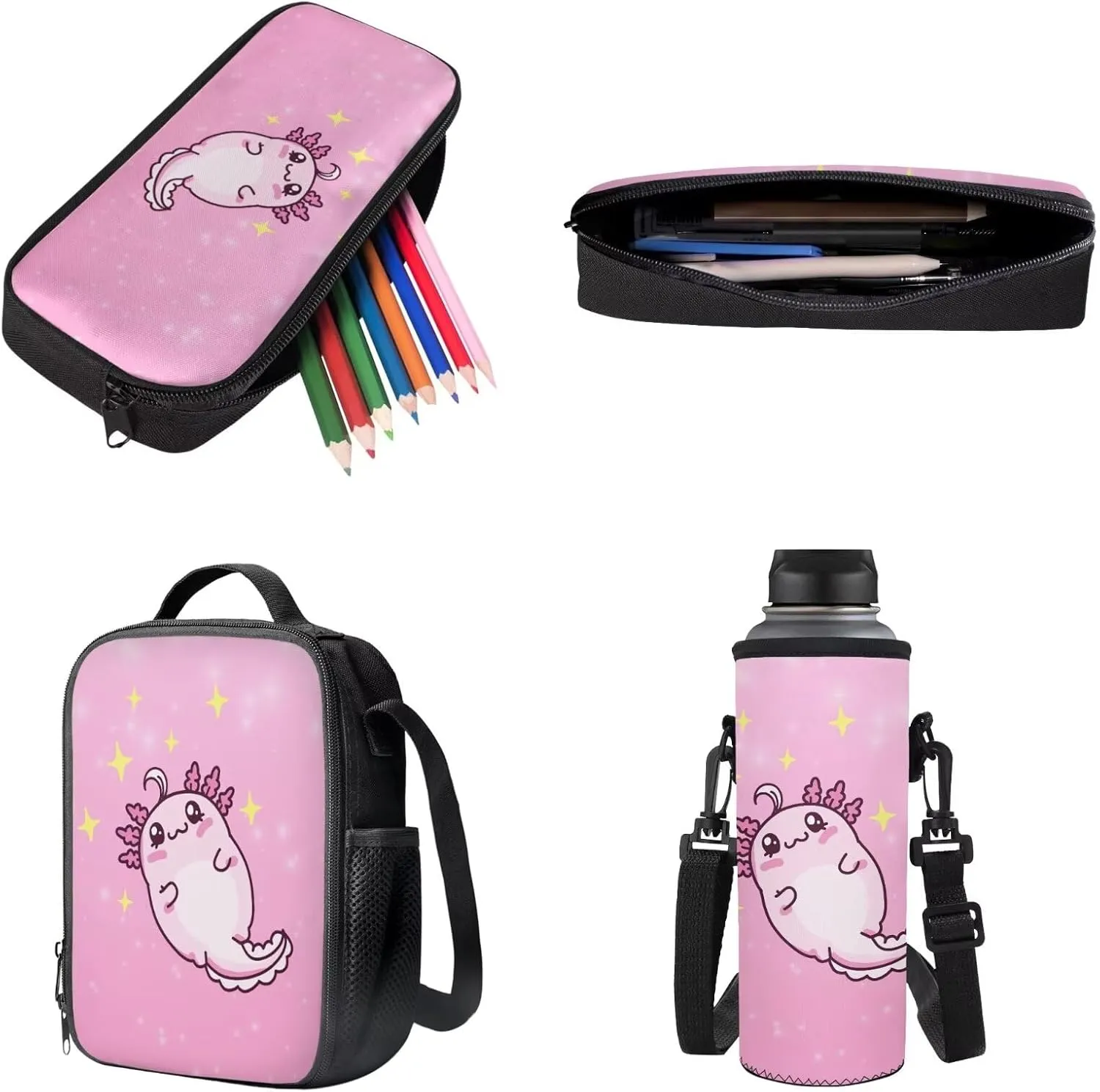Poceacles 4 Pieces School Backpack Set for Kids Children, with Insulated Lunch Bag Cute Pencil Case Water Bottle Carrier Kawaii Rucksack for Adults Teenager, Cartoon Axolotl Star Pink