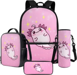 Poceacles 4 Pieces School Backpack Set for Kids Children, with Insulated Lunch Bag Cute Pencil Case Water Bottle Carrier Kawaii Rucksack for Adults Teenager, Cartoon Axolotl Star Pink