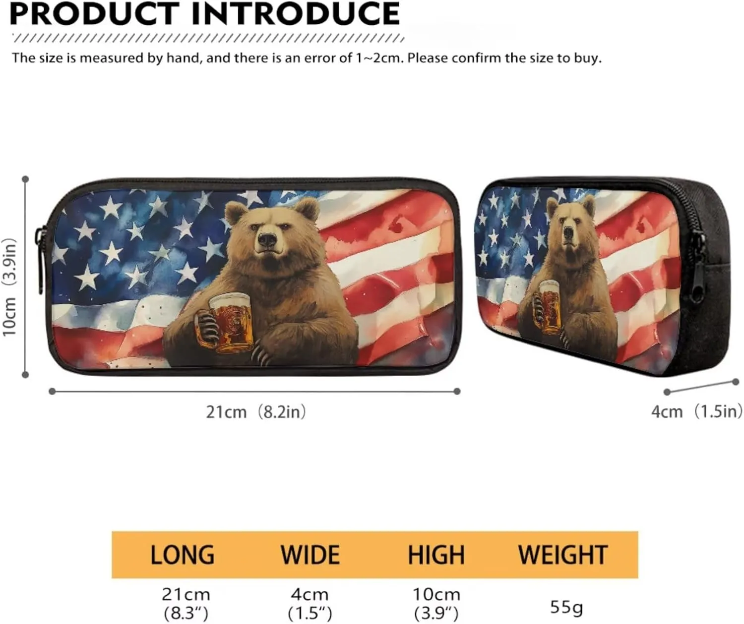 Poceacles 4 Pieces School Backpack Set for Kids, Stylish Schoolbag with Lunch Box Bag, Water Bottle Carrier Pouch, Pencil Case, for Boys Girls Teenagers, Bear Beer American Flag