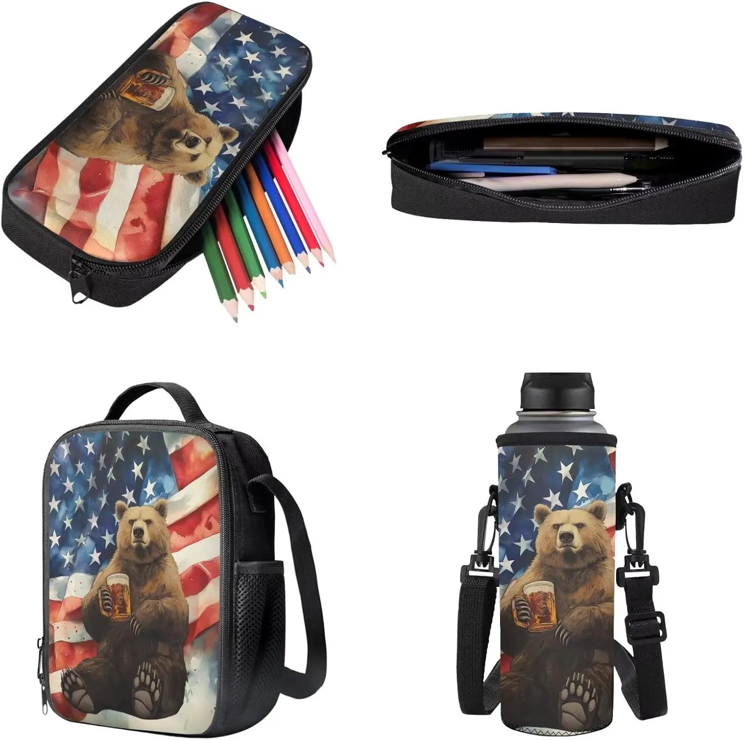 Poceacles 4 Pieces School Backpack Set for Kids, Stylish Schoolbag with Lunch Box Bag, Water Bottle Carrier Pouch, Pencil Case, for Boys Girls Teenagers, Bear Beer American Flag