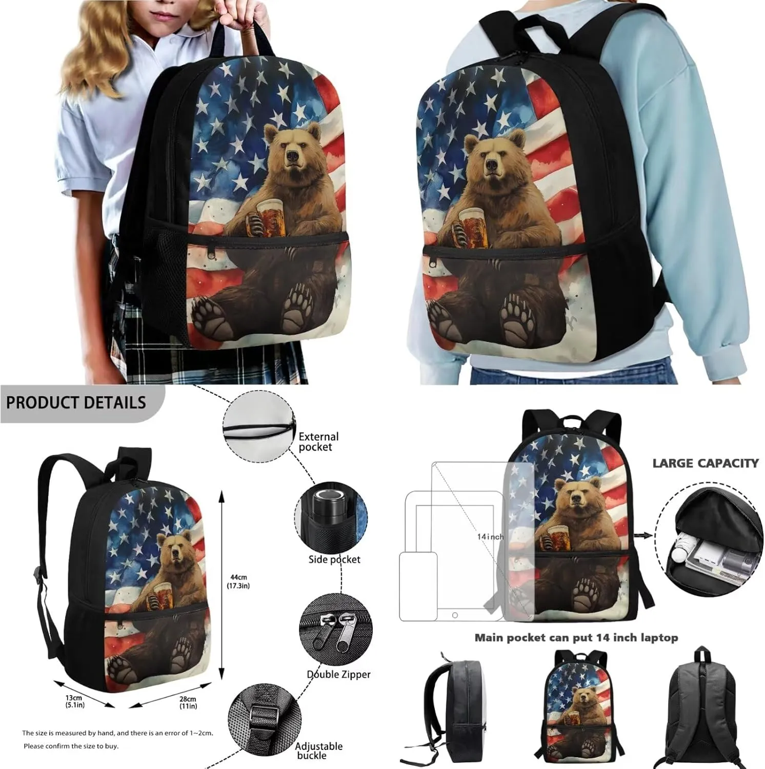 Poceacles 4 Pieces School Backpack Set for Kids, Stylish Schoolbag with Lunch Box Bag, Water Bottle Carrier Pouch, Pencil Case, for Boys Girls Teenagers, Bear Beer American Flag