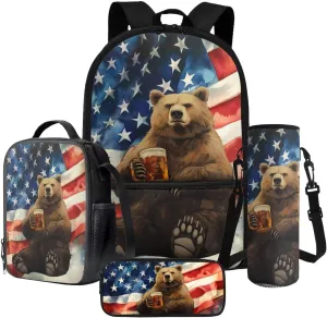 Poceacles 4 Pieces School Backpack Set for Kids, Stylish Schoolbag with Lunch Box Bag, Water Bottle Carrier Pouch, Pencil Case, for Boys Girls Teenagers, Bear Beer American Flag