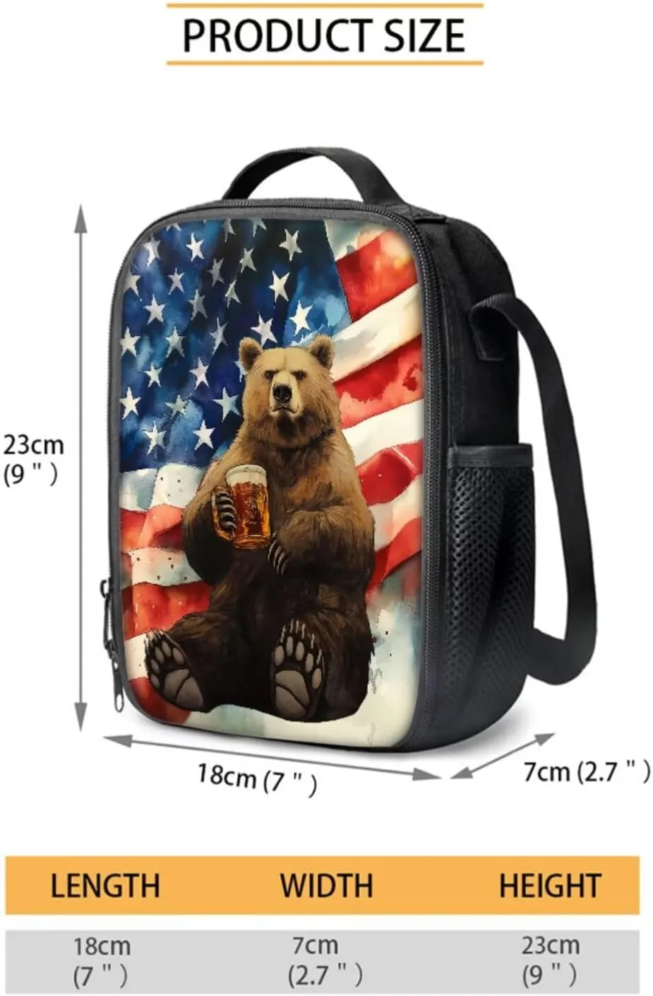 Poceacles 4 Pieces School Backpack Set for Kids, Stylish Schoolbag with Lunch Box Bag, Water Bottle Carrier Pouch, Pencil Case, for Boys Girls Teenagers, Bear Beer American Flag