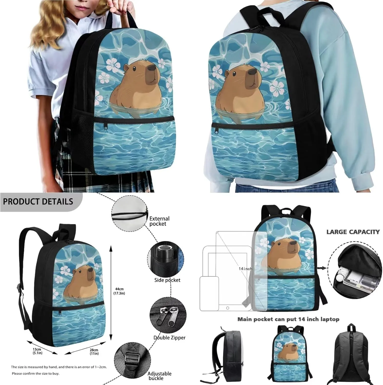 Poceacles 4 Pieces School Backpack Set with Stylish Rucksack, Insulated Lunch Box Bag, Pencil Case, Water Bottle Sleeve for Primary Secondary Students, Capybara Blue Pond Flower